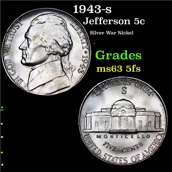 1943-s Jefferson Nickel 5c Grades Select Unc 5fs