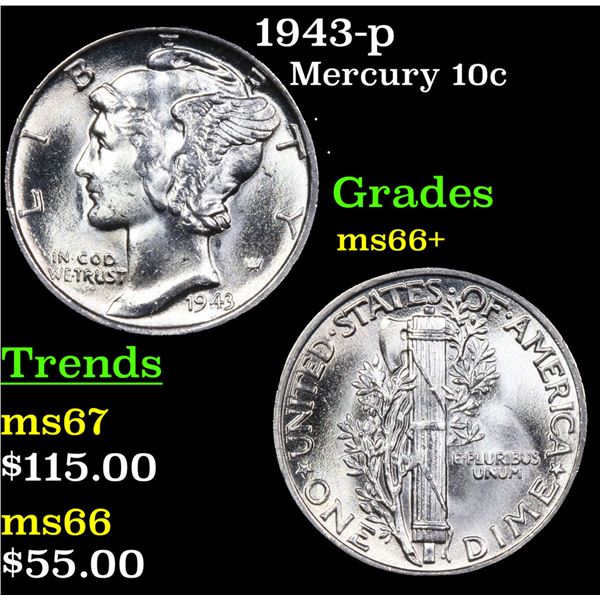 1943-p Mercury Dime 10c Grades GEM++ Unc