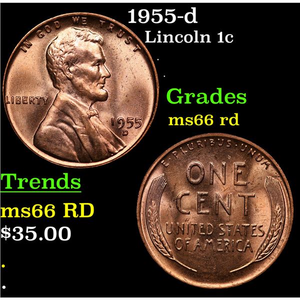 1955-d Lincoln Cent 1c Grades GEM+ Unc RD