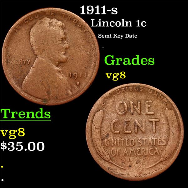 1911-s Lincoln Cent 1c Grades vg, very good