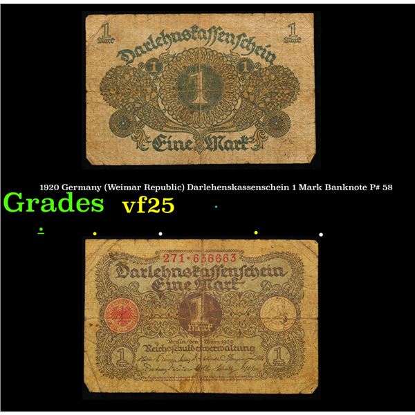 1920 Germany (Weimar Republic) Darlehenskassenschein 1 Mark Banknote P# 58 Grades vf+