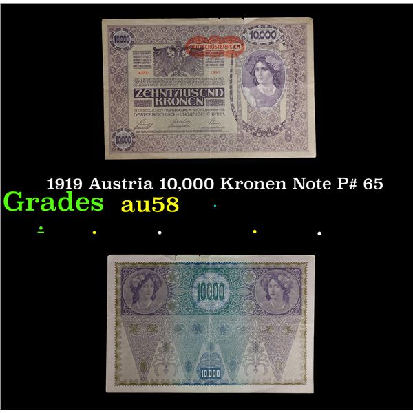 1919 Austria 10,000 Kronen Note P# 65 Grades Choice AU/BU Slider
