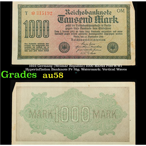 1922 Germany (Weimar Republic) 1000 Marks Post-WWI Hyperinflation Banknote P# 76g, Watermark: Vertic