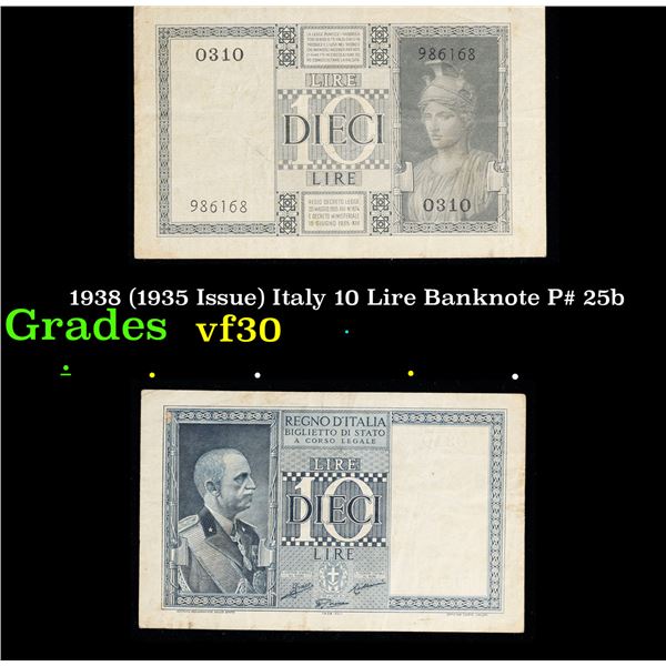 1938 (1935 Issue) Italy 10 Lire Banknote P# 25b Grades vf++