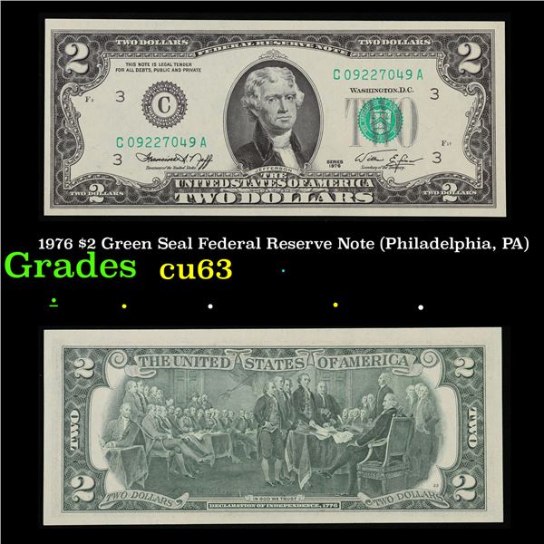 1976 $2 Green Seal Federal Reserve Note (Philadelphia, PA) Grades Select CU