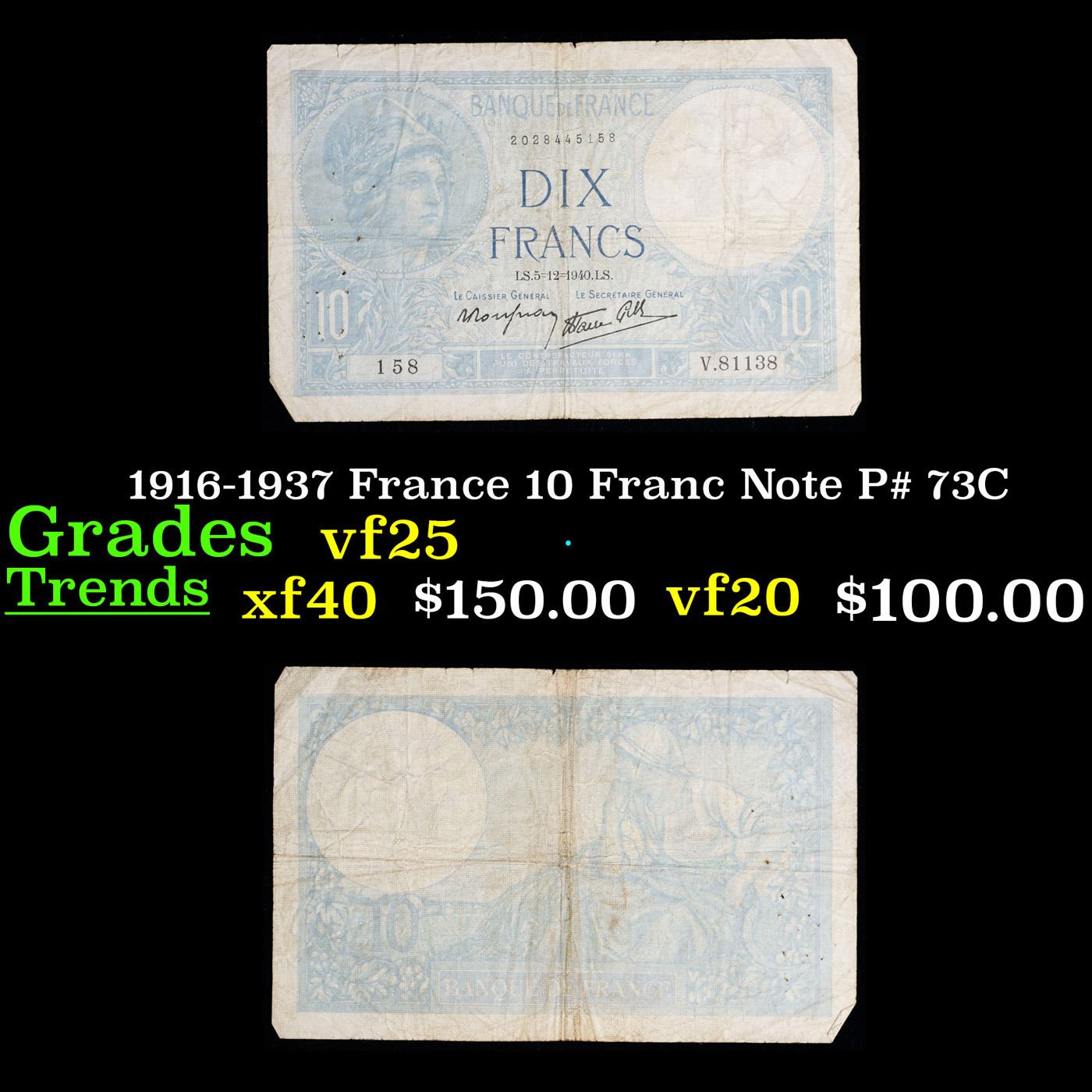 Frank Note 1916-1937 France 10 Franc Note P# 73C Grades vf+