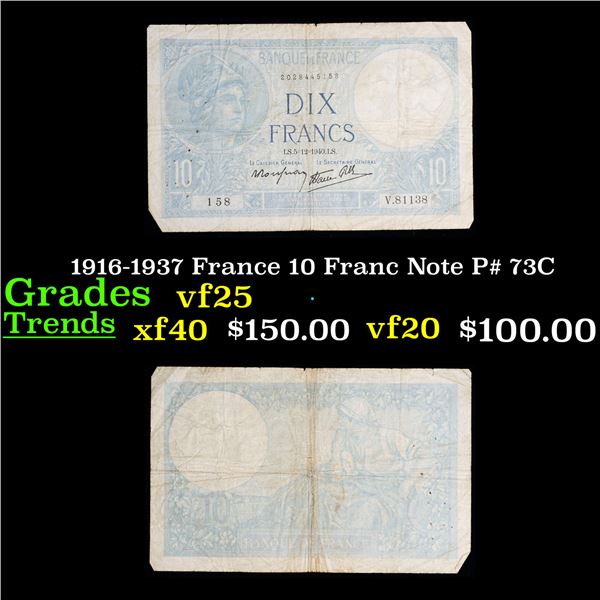 1916-1937 France 10 Franc Note P# 73C Grades vf+