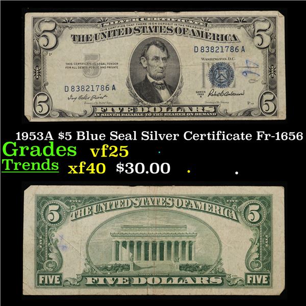 1953A $5 Blue Seal Silver Certificate Fr-1656 Grades vf+
