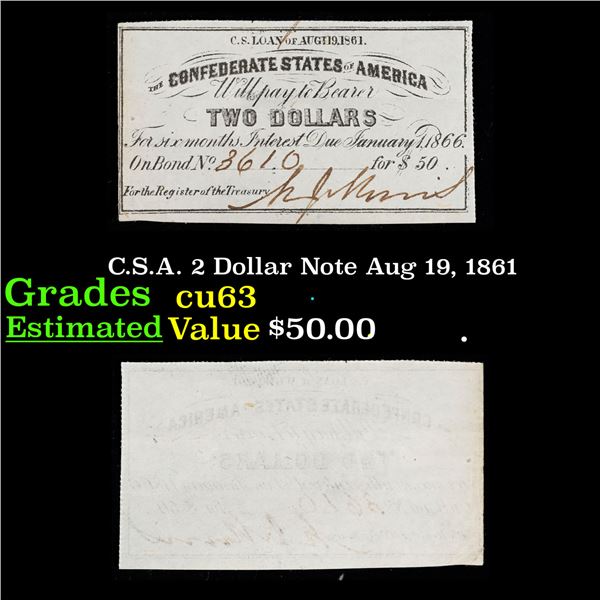 C.S.A. 2 Dollar Note Aug 19, 1861 Grades Select CU