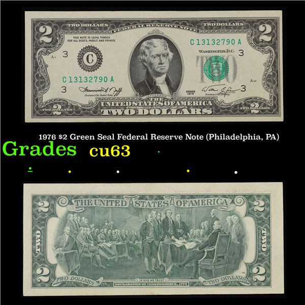 1976 $2 Green Seal Federal Reserve Note (Philadelphia, PA) Grades Select CU