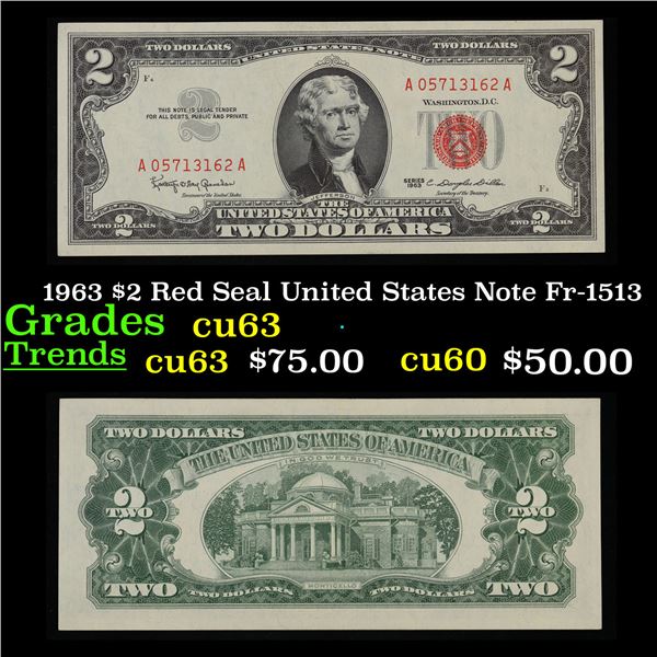 1963 $2 Red Seal United States Note Fr-1513 Grades Select CU