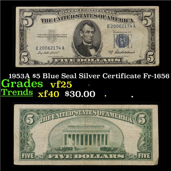 1953A $5 Blue Seal Silver Certificate Fr-1656 Grades vf+