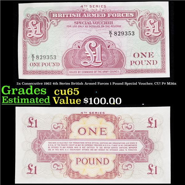 2x Consecutive 1962 4th Series British Armed Forces 1 Pound Special Voucher, CU! P# M36a Grades Gem 