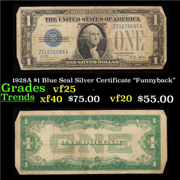 1928A $1 Blue Seal Silver Certificate "Funnyback" Grades vf+