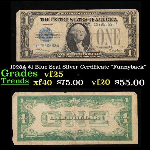 1928A $1 Blue Seal Silver Certificate "Funnyback" Grades vf+