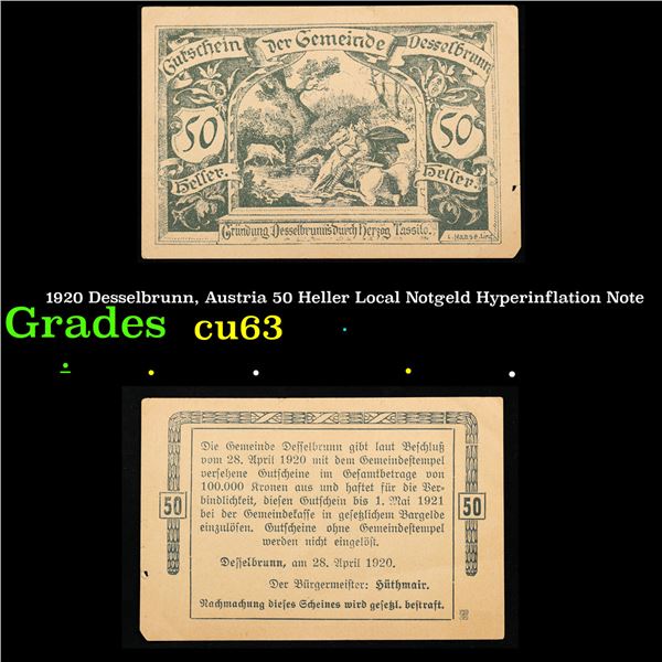 1920 Desselbrunn, Austria 50 Heller Local Notgeld Hyperinflation Note Grades Select CU