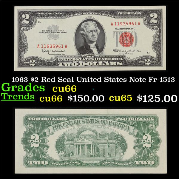 1963 $2 Red Seal United States Note Fr-1513 Grades Gem+ CU