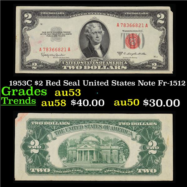 1953C $2 Red Seal United States Note Fr-1512 Grades Select AU