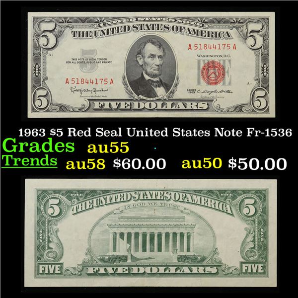 1963 $5 Red Seal United States Note Fr-1536 Grades Choice AU