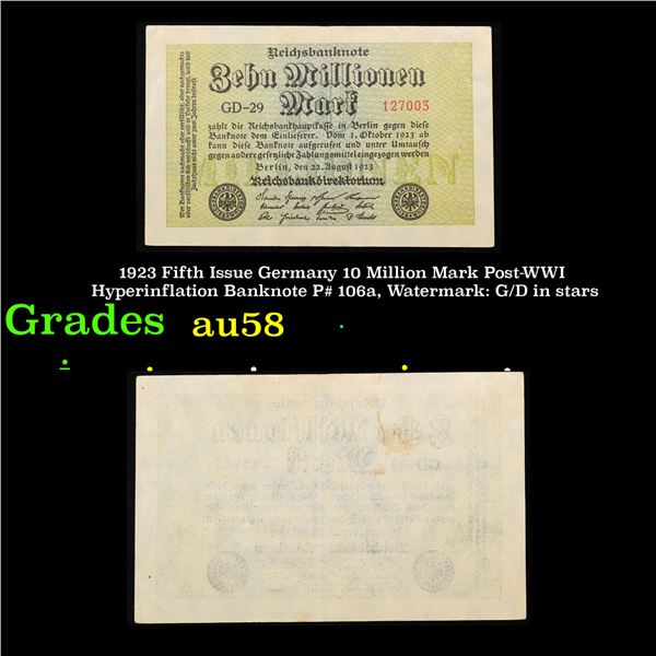 1923 Fifth Issue Germany 10 Million Mark Post-WWI Hyperinflation Banknote P# 106a, Watermark: G/D in