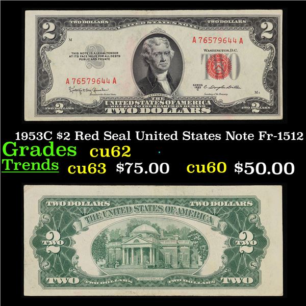 1953C $2 Red Seal United States Note Fr-1512 Grades Select CU