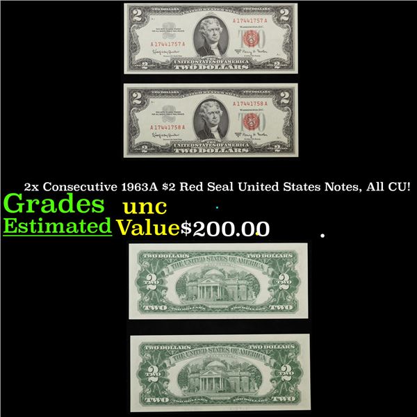 2x Consecutive 1963A $2 Red Seal United States Notes, All CU! Grades Brilliant Uncirculated