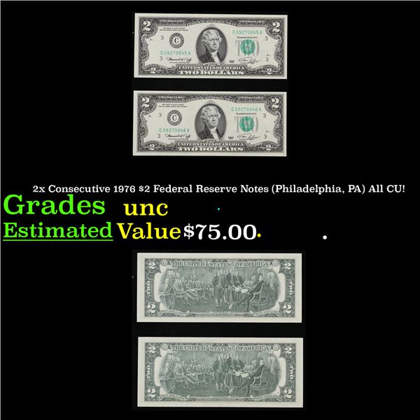 2x Consecutive 1976 $2 Federal Reserve Notes (Philadelphia, PA) All CU! Grades Brilliant Uncirculate