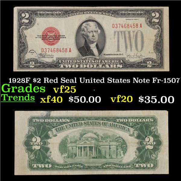 1928F $2 Red Seal United States Note Fr-1507 Grades vf+