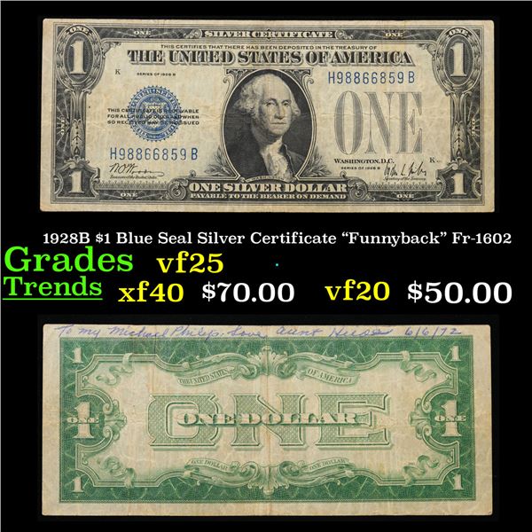 1928B $1 Blue Seal Silver Certificate "Funnyback" Fr-1602 Grades vf+
