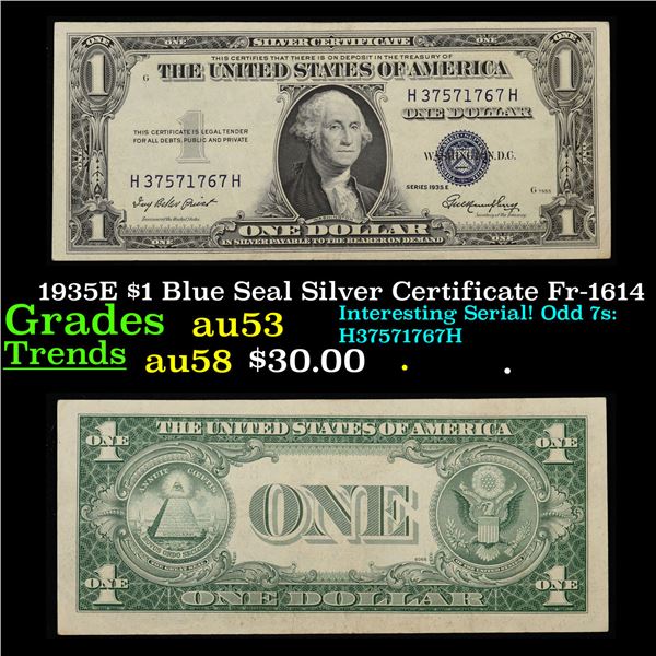 1935E $1 Blue Seal Silver Certificate Fr-1614 Grades Select AU