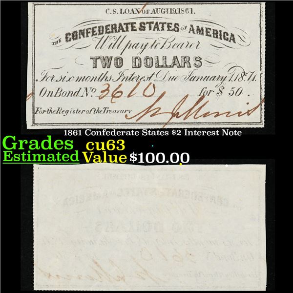 1861 Confederate States $2 Interest Note Grades Select CU