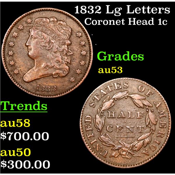 1832 Lg Letters Coronet Head Large Cent 1c Grades Select AU