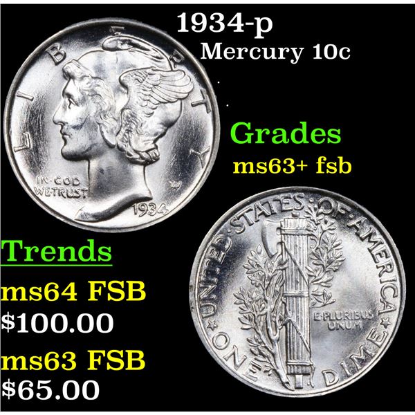 1934-p Mercury Dime 10c Grades Select Unc+ FSB