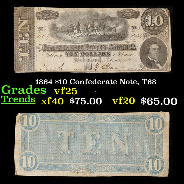 1864 $10 Confederate Note, T68 Grades vf+