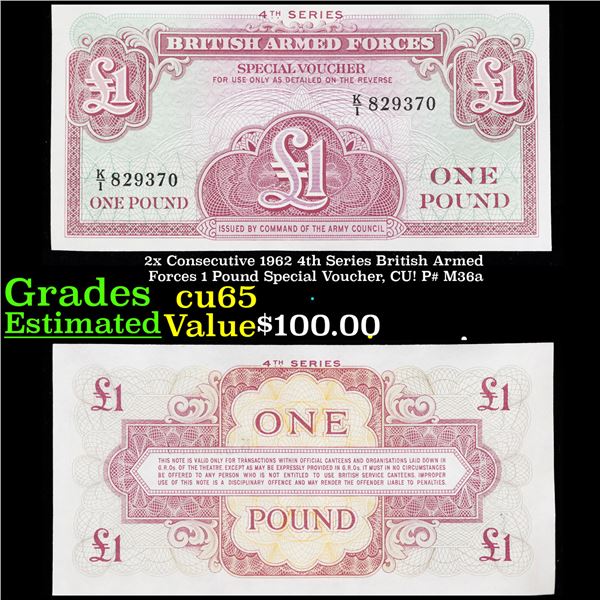 2x Consecutive 1962 4th Series British Armed Forces 1 Pound Special Voucher, CU! P# M36a Grades Gem 