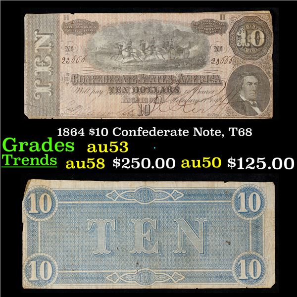 1864 $10 Confederate Note, T68 Grades Select AU