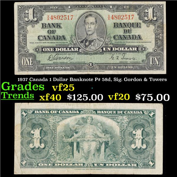 1937 Canada 1 Dollar Banknote P# 58d, Sig. Gordon & Towers Grades vf+