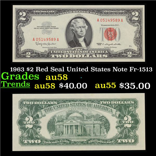 1963 $2 Red Seal United States Note Fr-1513 Grades Choice AU/BU Slider