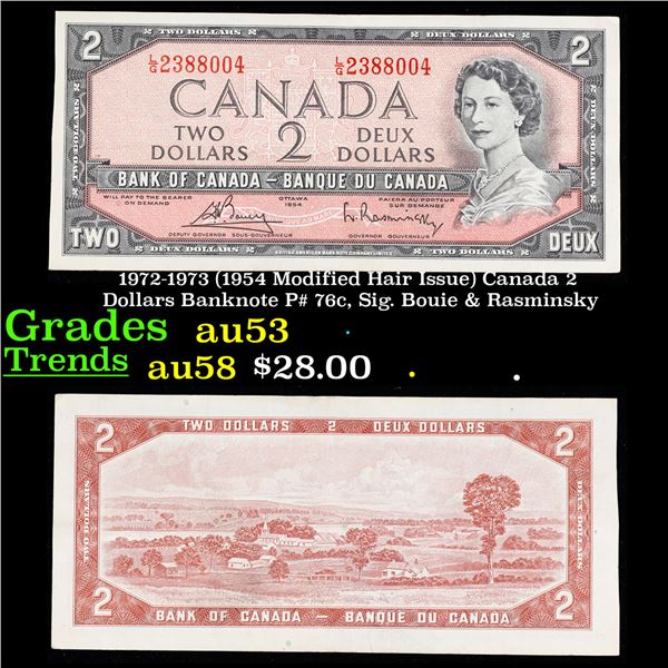 1972-1973 (1954 Modified Hair Issue) Canada 2 Dollars Banknote P# 76c, Sig. Bouie & Rasminsky Grades