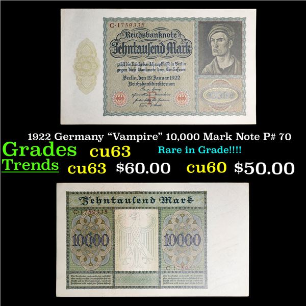 1922 Germany "Vampire" 10,000 Mark Note P# 70 Grades Select CU