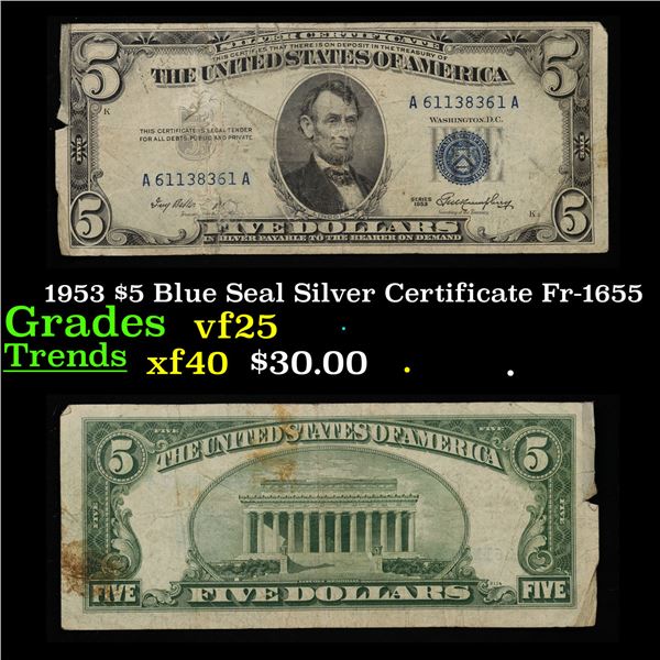 1953 $5 Blue Seal Silver Certificate Fr-1655 Grades vf+