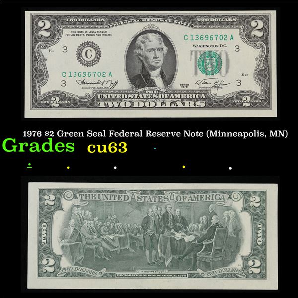 1976 $2 Green Seal Federal Reserve Note (Minneapolis, MN) Grades Select CU