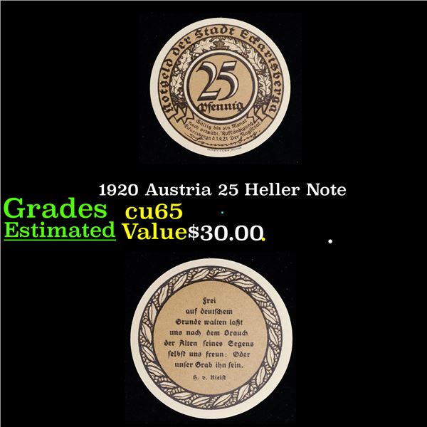 1920 Austria 25 Heller Note Grades Gem CU