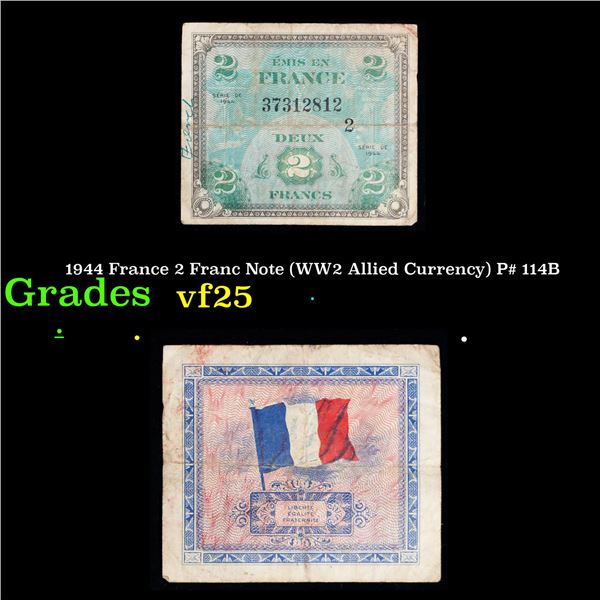 1944 France 2 Franc Note (WW2 Allied Currency) P# 114B Grades vf+
