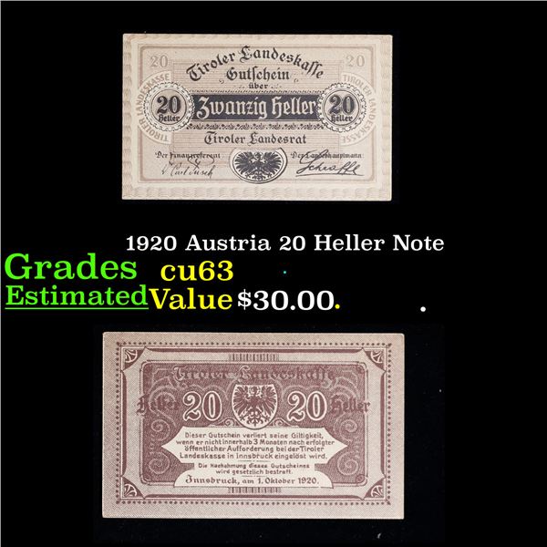 1920 Austria 20 Heller Note Grades Select CU