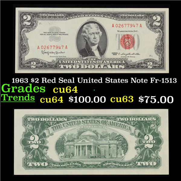 1963 $2 Red Seal United States Note Fr-1513 Grades Choice CU