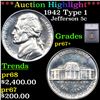 Image 1 : Proof ***Auction Highlight*** 1942 Type 1 Jefferson Nickel 5c Graded pr67+ BY SEGS (fc)