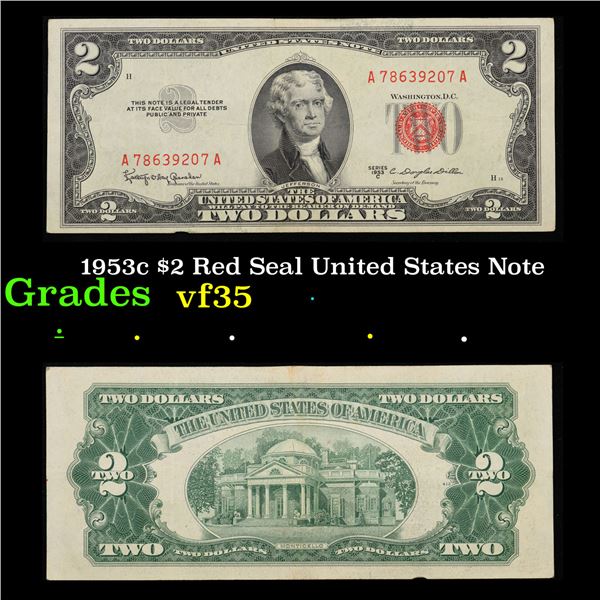 1953c $2 Red Seal United States Note Grades vf++