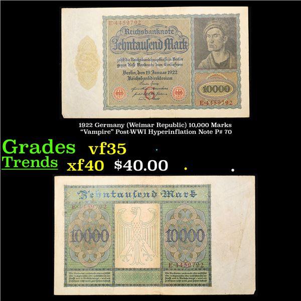1922 Germany (Weimar Republic) 10,000 Marks "Vampire" Post-WWI Hyperinflation Note P# 70 Grades vf++