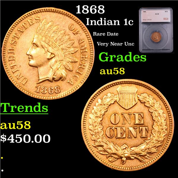 1868 Indian Cent 1c Graded au58 BY SEGS